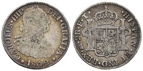 Charles IV (1788-1808). 2 reales. 1802. México. FT. (Cal-997). Ag. 6,44 g. Choice F. Est...15,00.