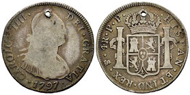 Charles IV (1788-1808). 4 reales. 1797. Potosí. PP. (Cal-874). Ag. 12,95 g. Agujero. Almost F/Choice F. Est...25,00.