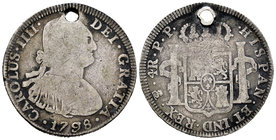 Charles IV (1788-1808). 4 reales. 1798. Potosí. PP. (Cal-875). Ag. 12,22 g. Agujero. Almost F/F. Est...25,00.