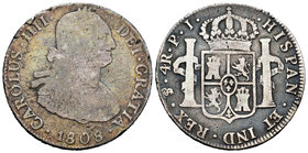 Charles IV (1788-1808). 4 reales. 1808. Potosí. PJ. (Cal-885 variante). Ag. 12,95 g. Almost F/F. Est...25,00.