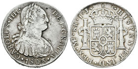 Charles IV (1788-1808). 8 reales. 1803. Lima. IJ. (Cal-659). Ag. 27,20 g. Pequeños resellos orientales. VF. Est...175,00.