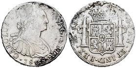 Charles III (1759-1788). 8 reales. 1808. Lima. JP. (Cal-665). Ag. 24,16 g. Fuerte vano de acuñación y golpecitos en el canto. Choice F. Est...40,00.