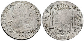 Charles IV (1788-1808). 8 reales. 1790. México. FM. (Cal-682). Ag. 26,02 g. Busto de Carlos III y ordinal IV. Oxidaciones limpiadas. Escasa. Choice F....