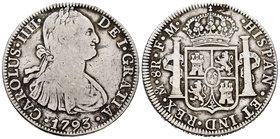 Charles IV (1788-1808). 8 reales. 1793. México. FM. (Cal-686). Ag. 26,65 g. Almost VF. Est...50,00.
