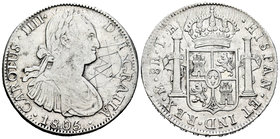 Charles IV (1788-1808). 8 reales. 1805. México. TH. (Cal-703). Ag. 26,80 g. Rayas. Almost VF. Est...60,00.