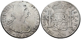 Charles IV (1788-1808). 8 reales. 1806. Potosí. PJ. (Cal-730). Ag. 26,75 g. Choice F. Est...40,00.