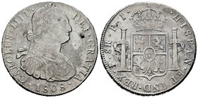 Charles IV (1788-1808). 8 reales. 1808. Potosí. PJ. (Cal-732). Ag. 26,84 g. Leves oxidaciones superficiales. Almost VF. Est...65,00.