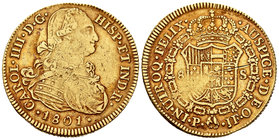 Charles IV (1788-1808). 8 escudos. 1801. Popayán. JF. (Cal-80). (Cal onza-no cita). (Restrepo-22b). Au. 26,93 g. La F de FELIX rectificada sobre una E...