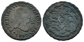 Ferdinand VII (1808-1833). 2 maravedís. 1817. Jubia. (Cal-1583). Ae. 2,78 g. Primer busto. Raya en anverso. Escasa. Almost VF. Est...25,00.