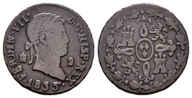 Ferdinand VII (1808-1833). 2 maravedís. 1833. Segovia. Ae. 2,59 g. Rotura de cuño en el último dígito de la fecha que le hace parecer un 5. Choice F. ...
