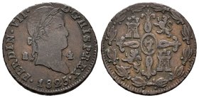 Ferdinand VII (1808-1833). 4 maravedís. 1825. Segovia. Ae. 5,80 g. Dígitos de la fecha muy apretados. Escasa. VF. Est...40,00.