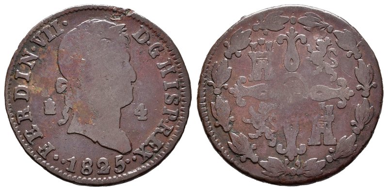 Ferdinand VII (1808-1833). 4 maravedís. 1825. Segovia. Ae. 5,11 g. Dos puntos a ...