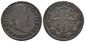 Ferdinand VII (1808-1833). 4 maravedís. 1825. Segovia. Ae. 4,43 g. Dígitos de la fecha muy apretados. Escasa. Choice VF. Est...65,00.