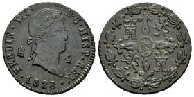 Ferdinand VII (1808-1833). 4 maravedís. 1828 (82 central sobre 28). Segovia. Ae. 5,25 g. Sobrefecha muy rara. Choice VF. Est...120,00.