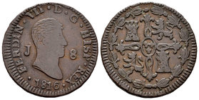 Ferdinand VII (1808-1833). 8 maravedís. 1816. Jubia. (Cal-1549). Ae. 10,70 g. VF. Est...12,00.
