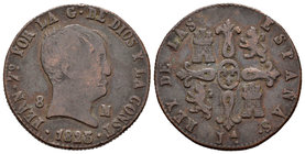 Ferdinand VII (1808-1833). 8 maravedís. 1825. Jubia. (Cal-1561). Ae. 10,19 g. Tipo cabezón. Choice F. Est...15,00.
