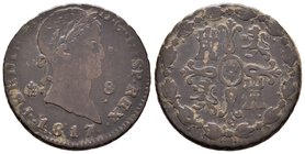Ferdinand VII (1808-1833). 8 maravedís. 1817. Segovia. Ae. 11,23 g. Primer busto. Dos puntos a la derecha de la fecha. F. Est...40,00.