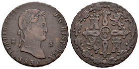 Ferdinand VII (1808-1833). 8 maravedís. 1830. Segovia. (Cal-1694). Ae. 12,09 g. Choice F. Est...15,00.