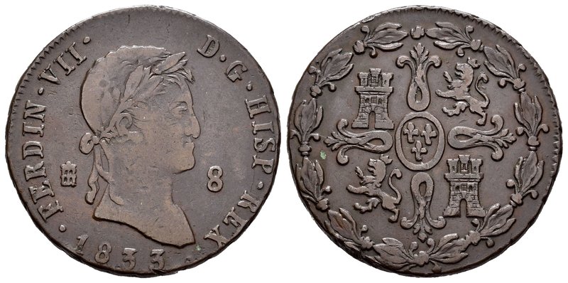 Ferdinand VII (1808-1833). 8 maravedís. 1833. Segovia. Ae. 11,33 g. Choice F/Alm...