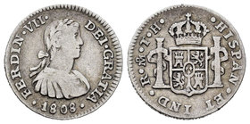 Ferdinand VII (1808-1833). 1/2 real. 1808. México. TH. (Cal-1335). Ag. 1,61 g. Busto imaginario. Almost VF. Est...18,00.