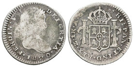 Ferdinand VII (1808-1833). 1 real. 1820. Zacatecas. AG. (Cal-1252 variante). Ag. 2,75 g. Leyenda GRTIA en anverso. Muy rara. Almost F/F. Est...160,00.