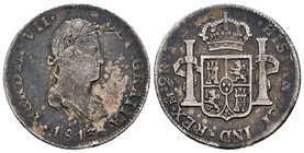 Ferdinand VII (1808-1833). 2 reales. 1813. México. TH. (Cal-no cita). Ag. 6,66 g. Rara con estos ensayadores. Choice F. Est...45,00.
