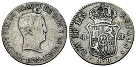 Ferdinand VII (1808-1833). 4 reales. 1822. Barcelona. SP. (Cal-832). Ag. 5,83 g. Tipo "Cabezón". Agujero tapado. Escasa. F. Est...30,00.