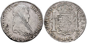 Ferdinand VII (1808-1833). 8 reales. 1818. Guatemala. M. (Cal-467). Ag. 26,86 g. Rayas en anverso y golpe en el canto. Choice F/Almost VF. Est...65,00...