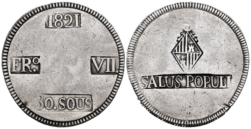 Ferdinand VII (1808-1833). 30 sous. 1821. Mallorca. Ag. 26,81 g. Falsa de época....