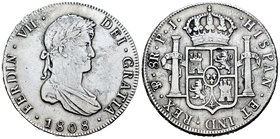 Ferdinand VII (1808-1833). 8 reales. 1808. Potosí. PJ. (Cal-599). Ag. 26,74 g. Leves oxidaciones. Limpiada. Almost VF/VF. Est...70,00.