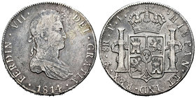 Ferdinand VII (1808-1833). 8 reales. 1814. Potosí. PJ. (Cal-603). Ag. 26,53 g. Choice F. Est...60,00.