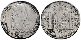 Ferdinand VII (1808-1833). 8 reales. 1816. Potosí. PJ. (Cal-605). Ag. 26,82 g. Choice F. Est...50,00.