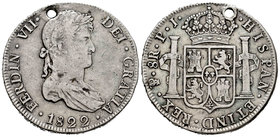 Ferdinand VII (1808-1833). 8 reales. 1822. Potosí. PJ. (Cal-611). Ag. 26,72 g. Agujero. Choice F/Almost VF. Est...35,00.