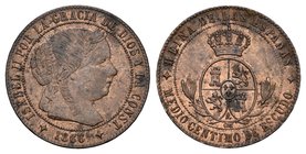 Elizabeth II (1833-1868). 1/2 céntimo de escudo. 1866. Jubia. OM. Ae. 1,33 g. XF. Est...50,00.