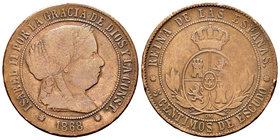 Elizabeth II (1833-1868). 5 céntimos de escudo. 1868. Barcelona. OM. Ae. 12,30 g.  Reverso ligeramente girado. F. Est...15,00.