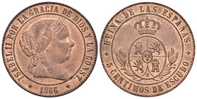 Elizabeth II (1833-1868). 5 céntimos de escudo. 1866. Jubia. Sin OM. Ae. 12,52 g. AU. Est...200,00.
