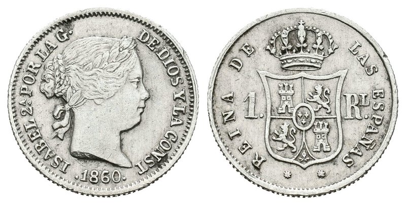 Elizabeth II (1833-1868). 1 real. 1860. Barcelona. Ag. 1,36 g. Golpecitos en el ...