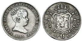 Elizabeth II (1833-1868). 1 real. 1845. Sevilla. RD. (Cal-429). Ag. 1,43 g. Restos de soldadura en reverso. Almost VF. Est...18,00.