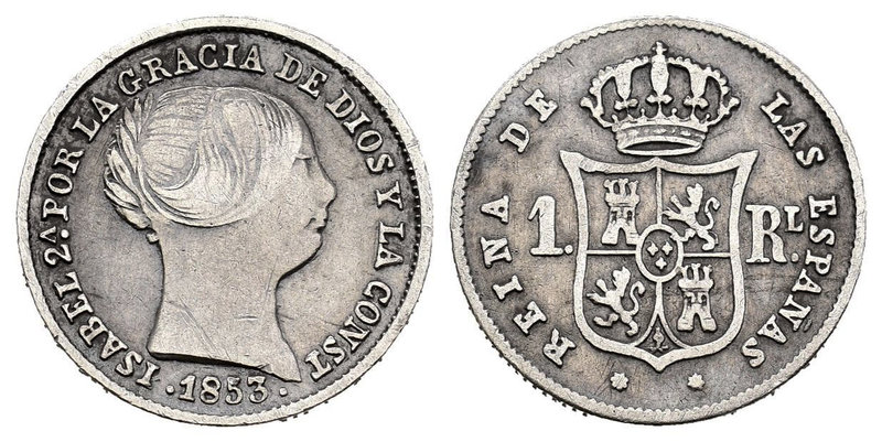 Elizabeth II (1833-1868). 1 real. 1853. Sevilla. Ag. 1,23 g. Choice F. Est...15,...