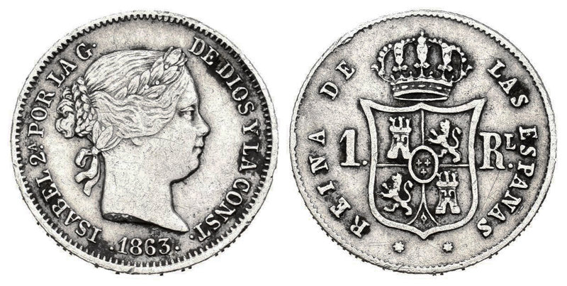 Elizabeth II (1833-1868). 1 real. 1863. Sevilla. Ag. 1,28 g. Almost VF. Est...20...