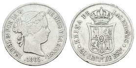 Elizabeth II (1833-1868). 20 céntimos de escudo. 1865. Sevilla. Ag. 2,56 g. Limpiada. Escasa. Choice F. Est...25,00.