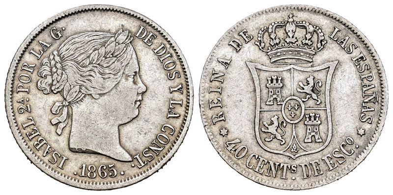 Elizabeth II (1833-1868). 40 céntimos de escudo. 1865. Madrid. Ag. 5,14 g. Choic...