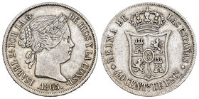 Elizabeth II (1833-1868). 40 céntimos de escudo. 1865. Madrid. Ag. 5,14 g. Choice F. Est...20,00.