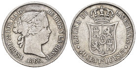 Elizabeth II (1833-1868). 40 céntimos de escudo. 1866. Madrid. Ag. 5,15 g. F. Est...18,00.