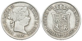 Elizabeth II (1833-1868). 40 céntimos de escudo. 1866. Madrid. Ag. 5,06 g. Choice F. Est...15,00.