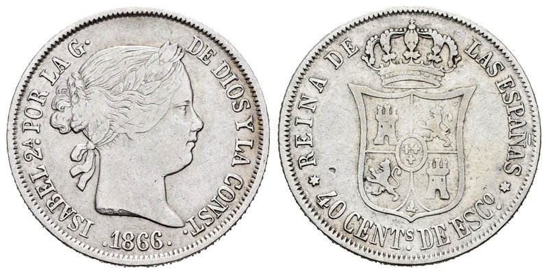 Elizabeth II (1833-1868). 40 céntimos de escudo. 1866. Madrid. (Cal-338). Ag. 5,...