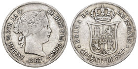 Elizabeth II (1833-1868). 40 céntimos de escudo. 1867. Madrid. Ag. 5,05 g. Choice F. Est...18,00.
