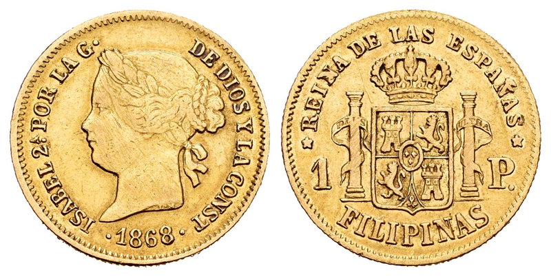Elizabeth II (1833-1868). 1 peso. 1868. Manila. (Cal-150). Au. 1,66 g. Hairlines...