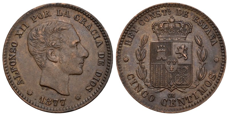 Alfonso XII (1874-1885). 5 céntimos. 1877. Barcelona. OM. Ae. 4,99 g. XF. Est......
