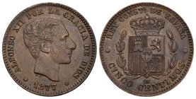 Alfonso XII (1874-1885). 5 céntimos. 1877. Barcelona. OM. Ae. 4,99 g. XF. Est...70,00.
